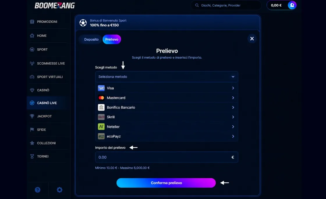 Come effettuare un prelievo immediato nei casino non AAMS
